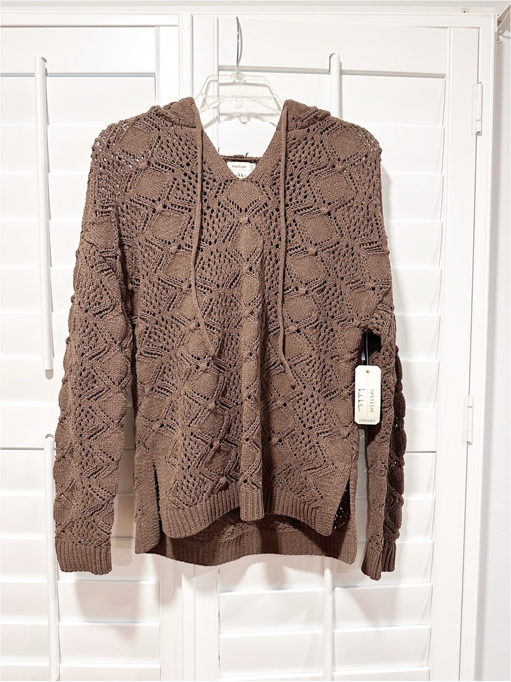 Atelier Nicole Miller Sweater Brown Open Knit Hooded Chunky Soft Cozy Size M